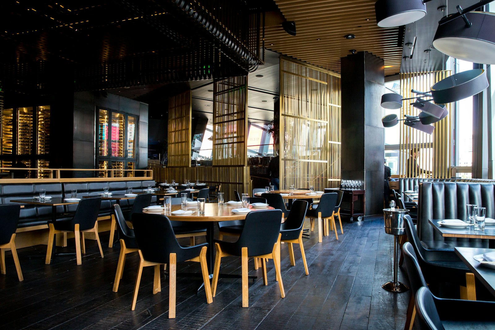 The atmospheric dining room with dramatic lighting