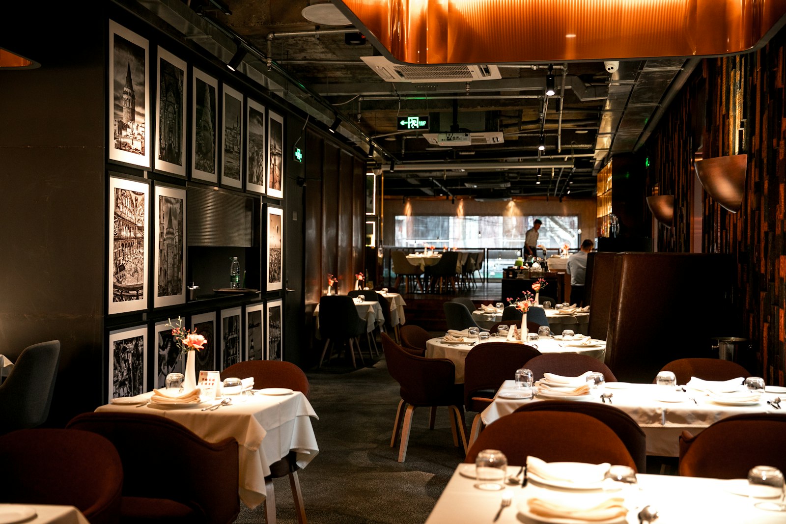 The elegant dining space with curated photography